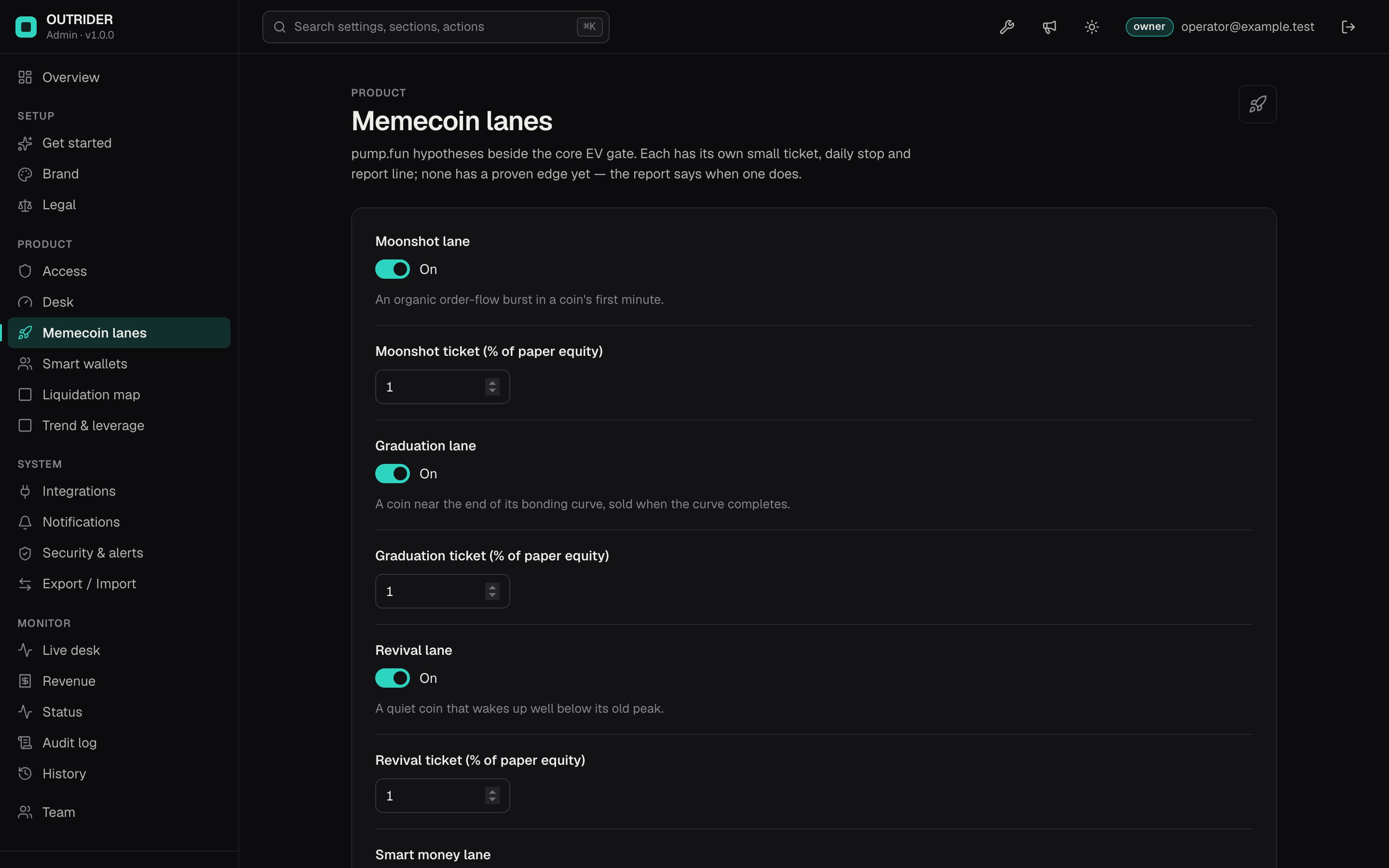 OUTRIDER operator console, Memecoin lanes: moonshot, graduation, revival and smart-money lanes with their own ticket size
