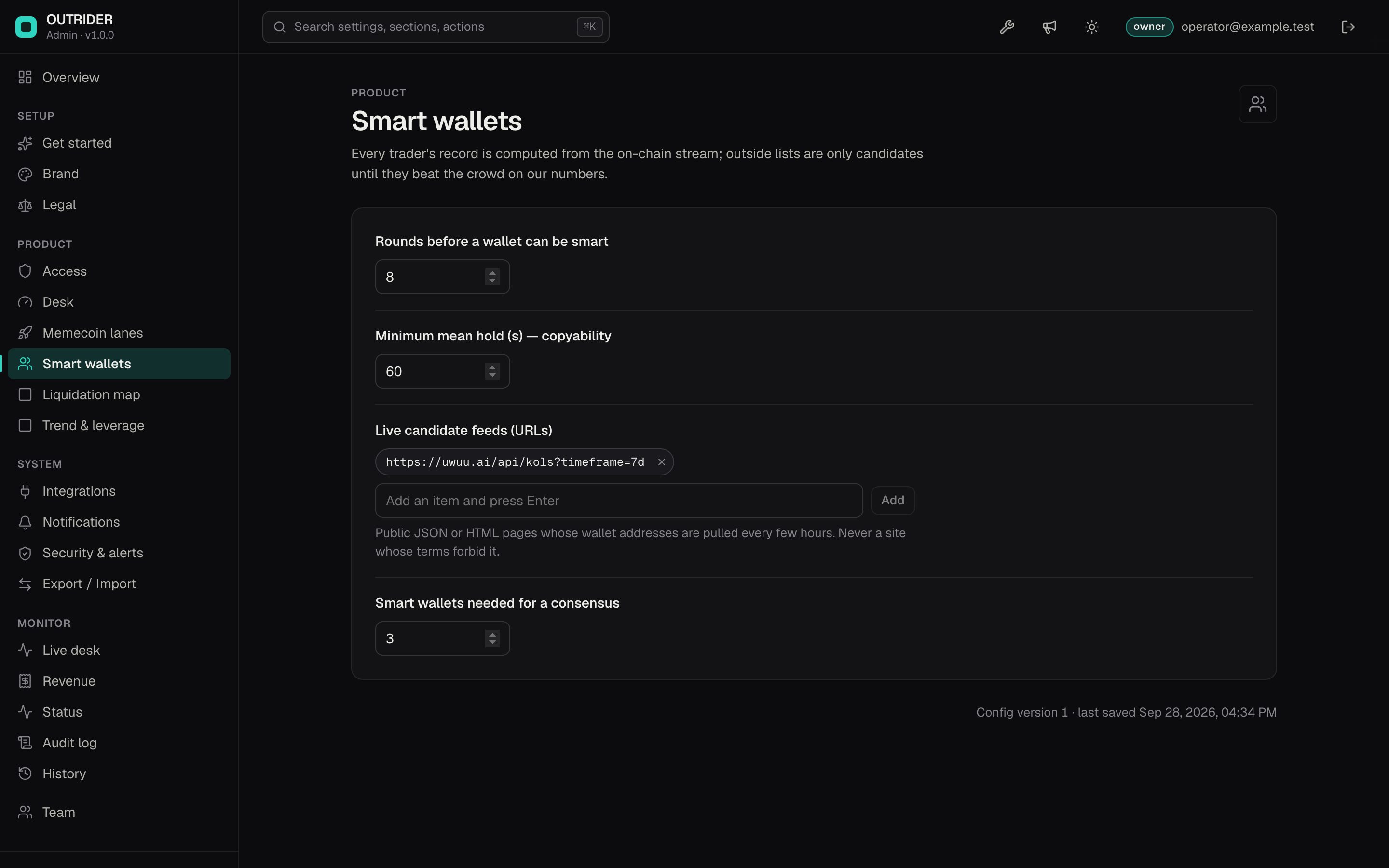 OUTRIDER operator console, Smart wallets: rounds before a wallet can be smart, minimum mean hold, candidate feeds and consensus size