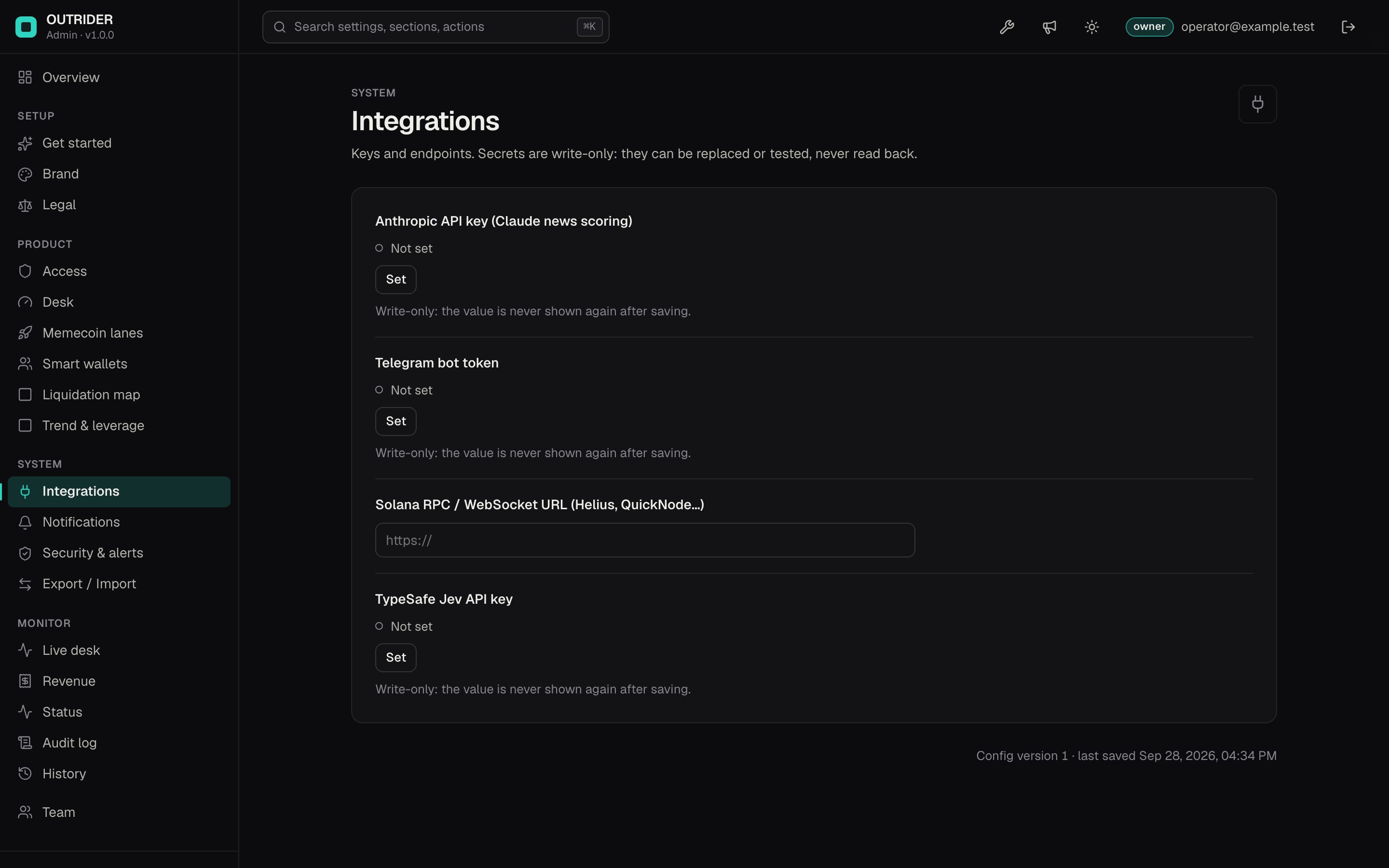 OUTRIDER operator console, Integrations: the desk's data sources and keys with their checks